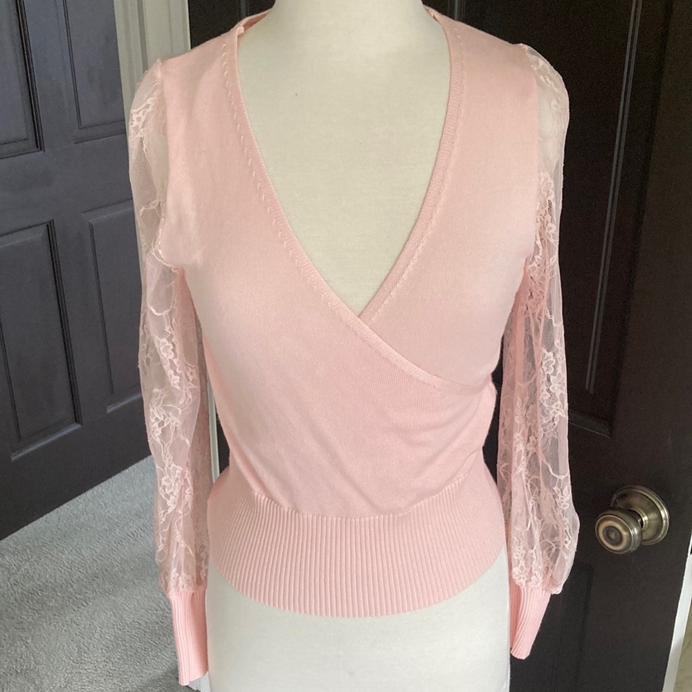 Pink Lace Sleeve Wrap Top